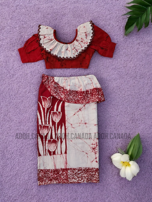 KG1298 - Dark red(Maroon) and white with Floral designed Lama Saree ( Kids Redda Hatte)| Ceylon Batik | Hand Made | Kids Collection | Summer Collection | Cotton Lama Saree | Kids Redda Hatte | Casual wear