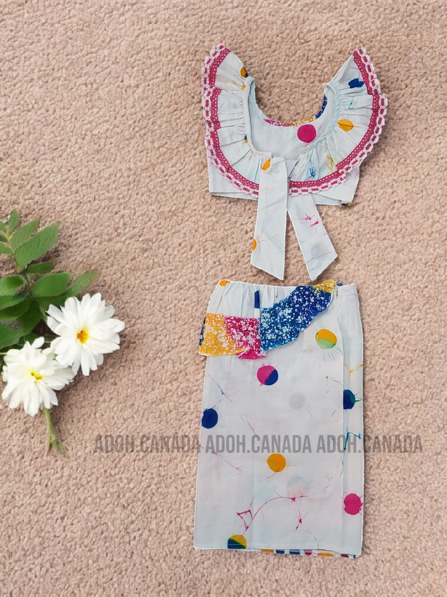 KG1297 - White with multi color round designed Lama Saree ( Kids Redda Hatte)| Ceylon Batik | Hand Made | Kids Collection | Summer Collection | Cotton Lama Saree | Kids Redda Hatte | Casual wear