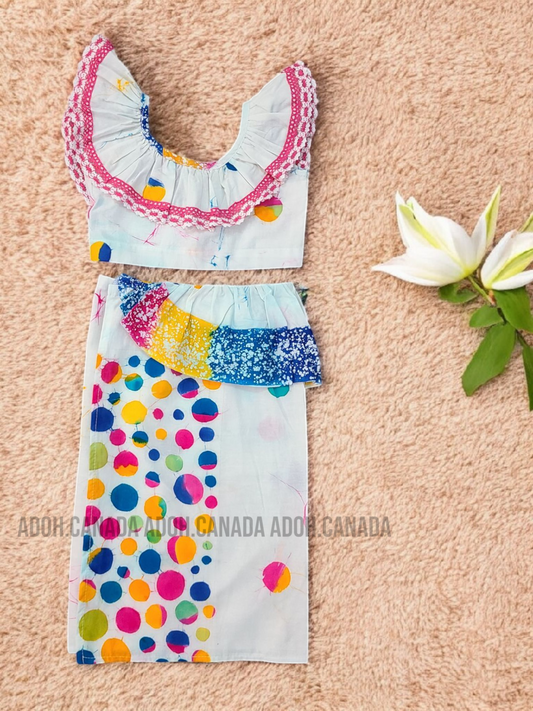 KG1297 - White with multi color round designed Lama Saree ( Kids Redda Hatte)| Ceylon Batik | Hand Made | Kids Collection | Summer Collection | Cotton Lama Saree | Kids Redda Hatte | Casual wear