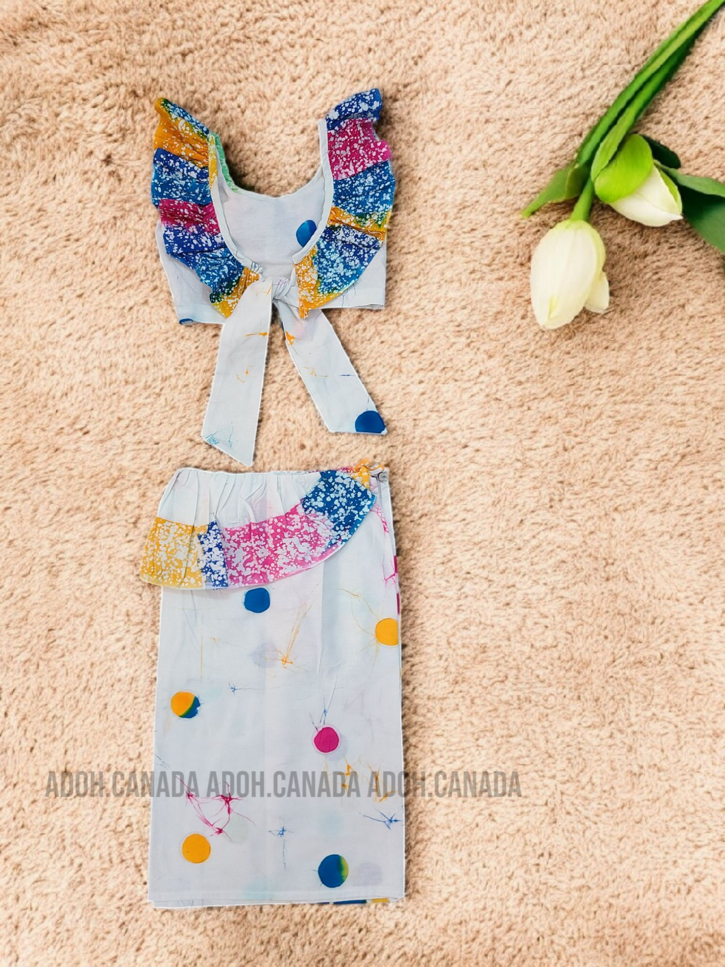 KG1296 - White with multi color round designed Lama Saree ( Kids Redda Hatte)| Ceylon Batik | Hand Made | Kids Collection | Summer Collection | Cotton Lama Saree | Kids Redda Hatte | Casual wear