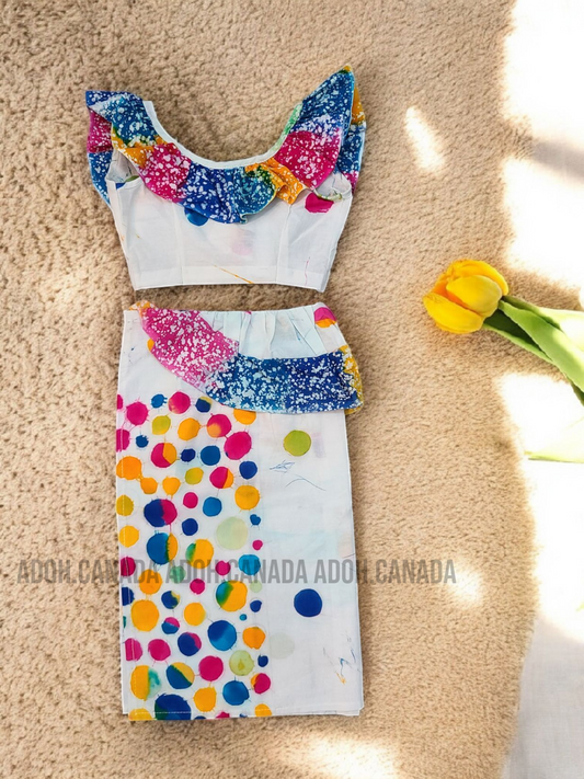 KG1296 - White with multi color round designed Lama Saree ( Kids Redda Hatte)| Ceylon Batik | Hand Made | Kids Collection | Summer Collection | Cotton Lama Saree | Kids Redda Hatte | Casual wear