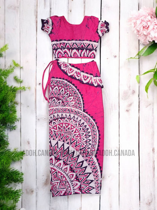 KG1305 - Pink color with white and purple designed Lama Saree ( Kids Redda Hatte)| Ceylon Batik | Hand Made | Kids Collection | Summer Collection | Cotton Lama Saree | Kids Redda Hatte | Casual wear