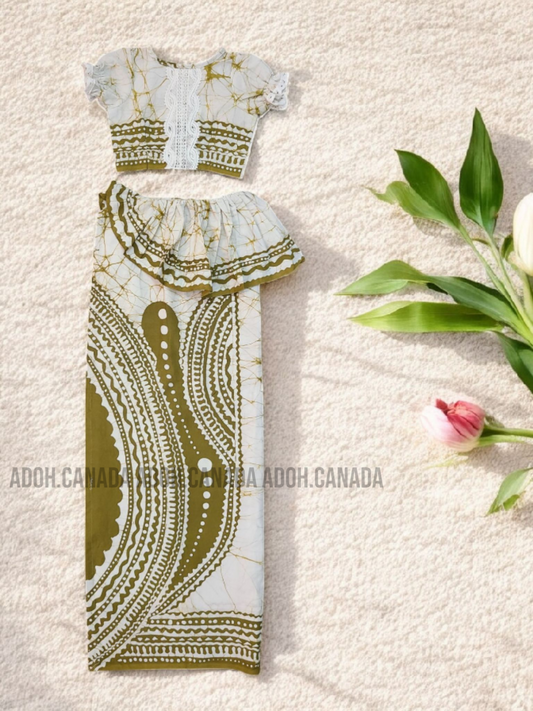 KG1308 - Khaki green color with white designed Lama Saree ( Kids Redda Hatte)| Ceylon Batik | Hand Made | Kids Collection | Summer Collection | Cotton Lama Saree | Kids Redda Hatte | Casual wear