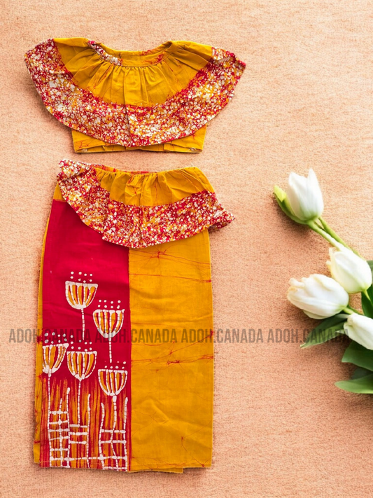KG0015 - Orange and Red color Floral designed Lama Saree ( Kids Redda Hatte)| Ceylon Batik | Hand Made | Kids Collection | Summer Collection | Cotton Lama Saree | Kids Redda Hatte | Casual wear