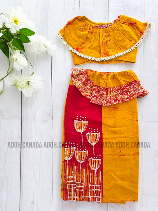 KG1185 - Orange and Red color Floral designed Lama Saree ( Kids Redda Hatte)| Ceylon Batik | Hand Made | Kids Collection | Summer Collection | Cotton Lama Saree | Kids Redda Hatte | Casual wear