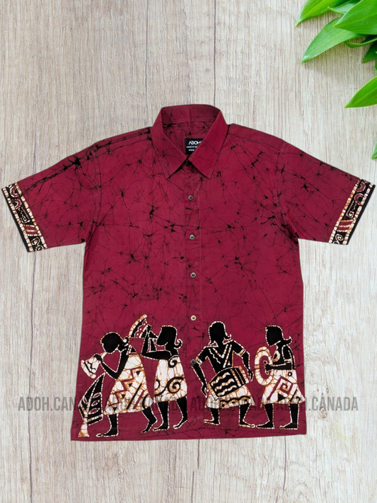 SH1314 - Dark Red with drummers designed Batik Shirt | Ceylon Batik | Hand Made | Men's Collection | Cotton Shirt | Summer Wear
