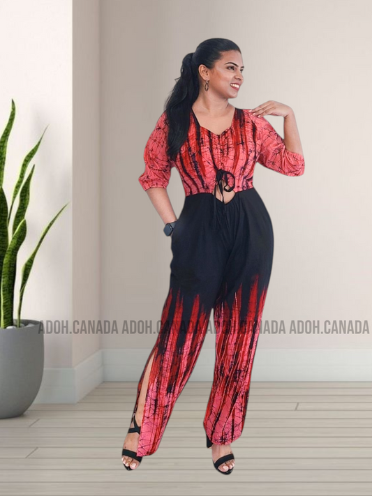 CC1183- Pink Red and Black Batik Jumpsuit | Ceylon Batik | Hand Made |Summer Collection | Cotton Jump Suit | Summer Wear