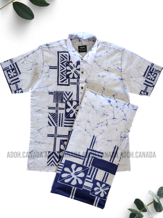 SH1312/ CSA1318 - White with blue designed Shirt & Sarong kit | Ceylon Batik | Hand Made | Men's Collection | Cotton Shirt | Summer Wear | Party Wear |