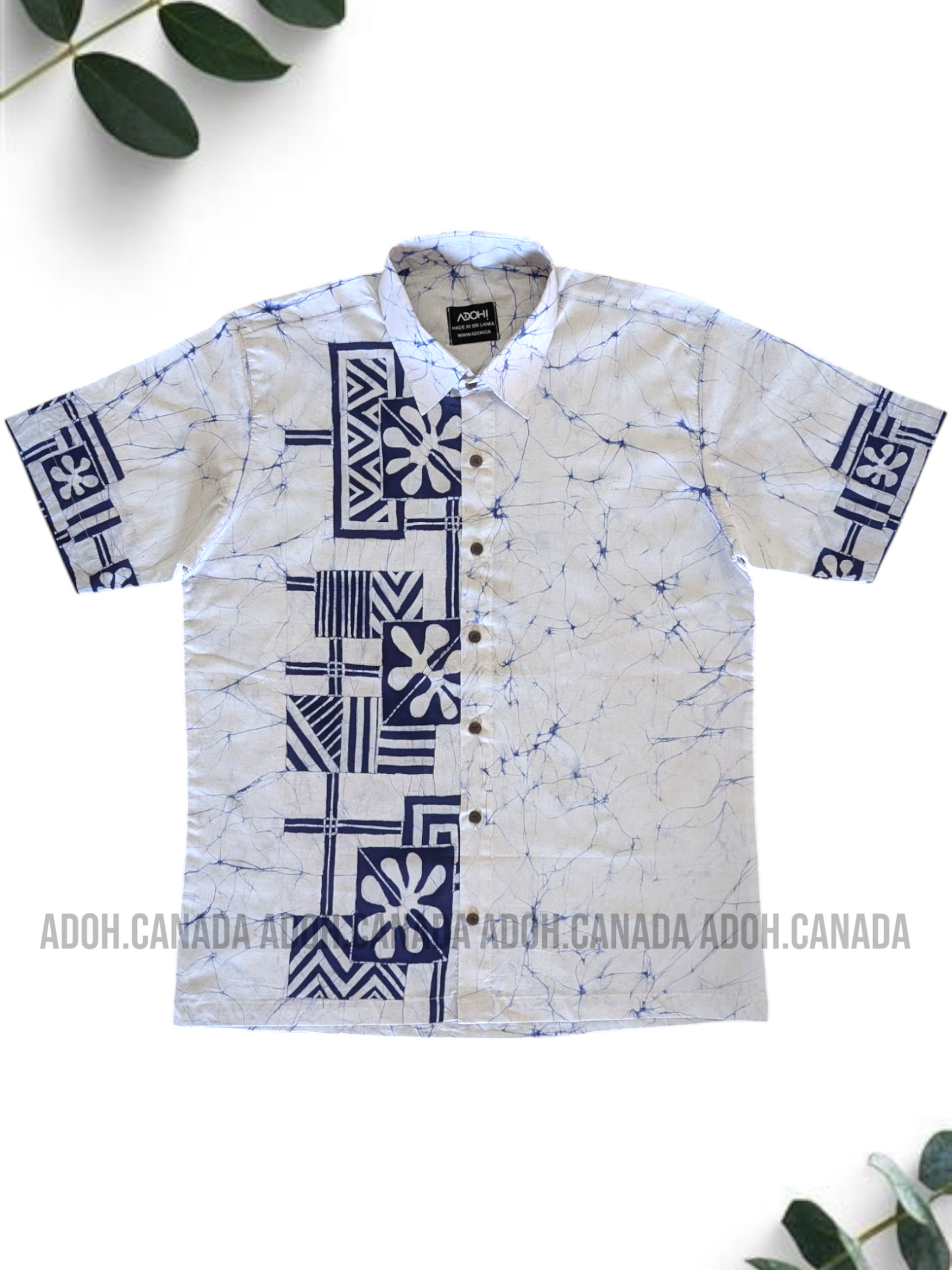 SH1312/ CSA1318 - White with blue designed Shirt & Sarong kit | Ceylon Batik | Hand Made | Men's Collection | Cotton Shirt | Summer Wear | Party Wear |