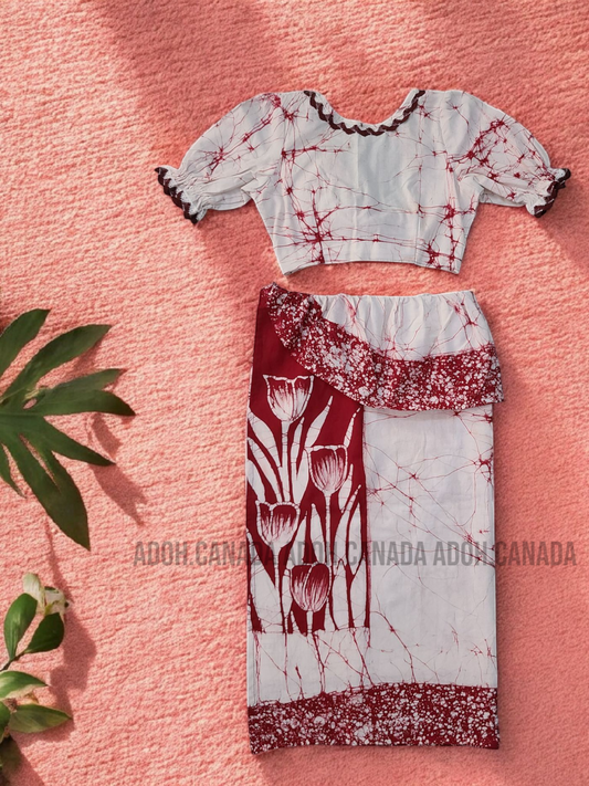 KG1299 - White colur with Dark red(Maroon) Floral designed Lama Saree ( Kids Redda Hatte)| Ceylon Batik | Hand Made | Kids Collection | Summer Collection | Cotton Lama Saree | Kids Redda Hatte | Casual wear