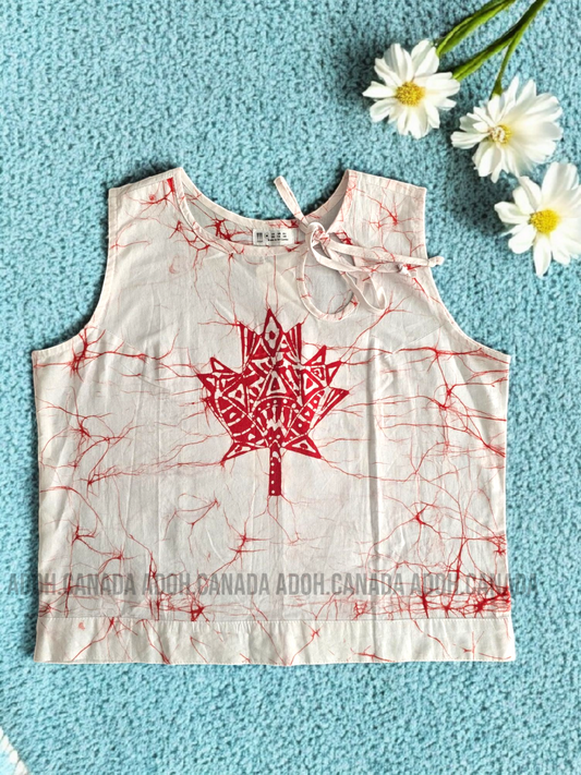 CC0078 - White Batik Crop Top with Red Maple Leaf design| Ceylon Batik | Hand Made | Summer Collection | Cotton Crop top | Summer wear