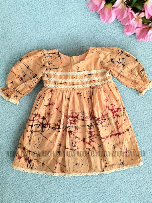KG1224 - Cremish with red and black cracks dress for kid| Ceylon Batik | Hand Made | Kids Collection | Summer Collection | Cotton Dress | Casual wear