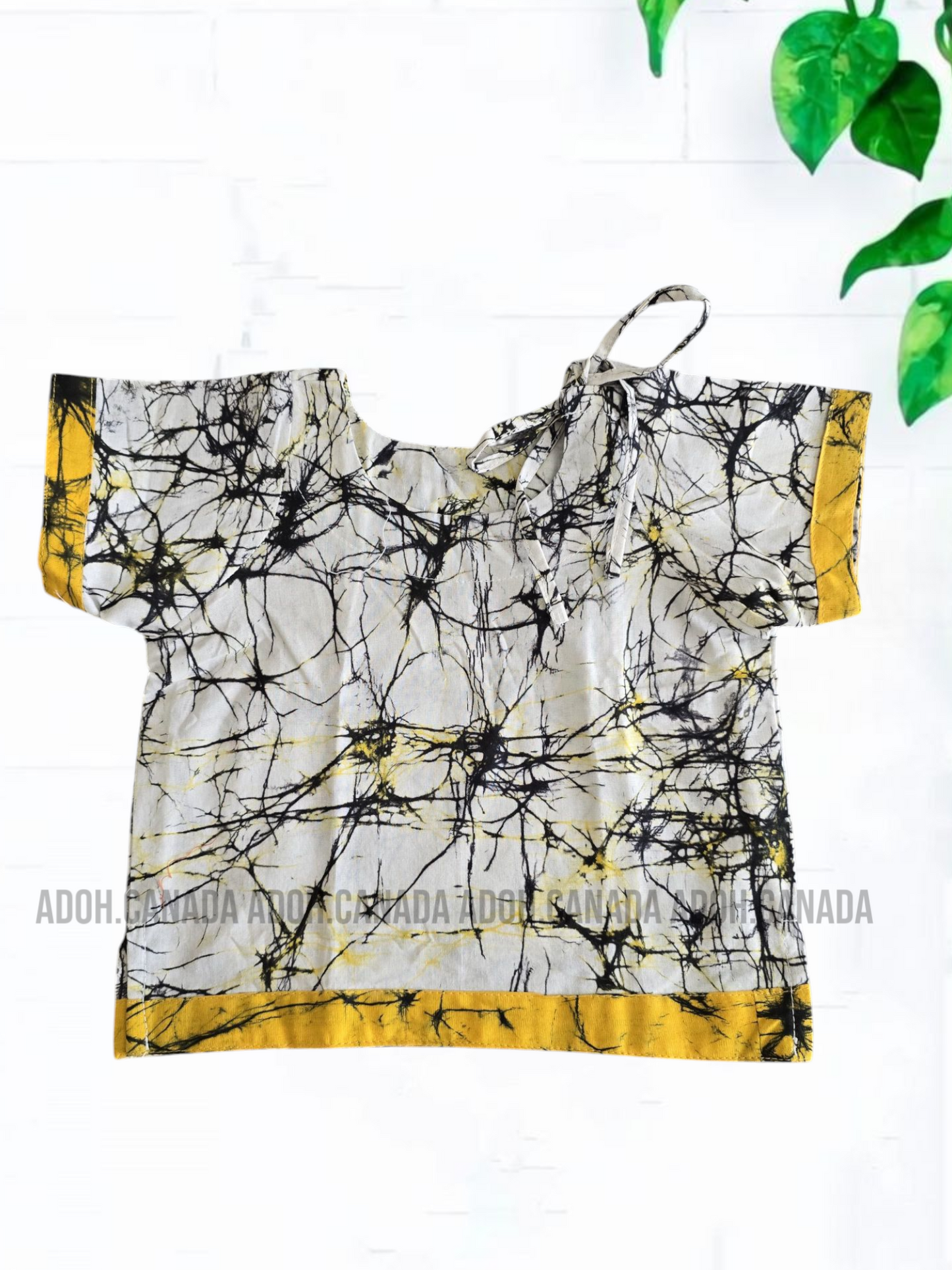 KSA1365- White/yellow with Black cracks Cotton Shirt & Sarong| Ceylon Batik | Hand Made | Kids Collection | Kid's Shirt |Cotton Shirt and Sarong| Summer Wear | Cultural