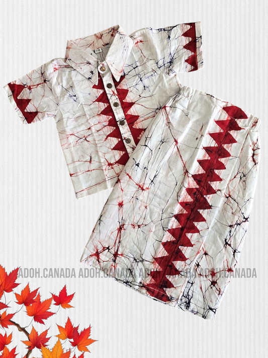 KSH1410- White with red triangle designed Shirt & Sarong| Ceylon Batik | Hand Made | Kids Collection | Kid's Shirt |Cotton Shirt and Sarong| Summer Wear | Cultural