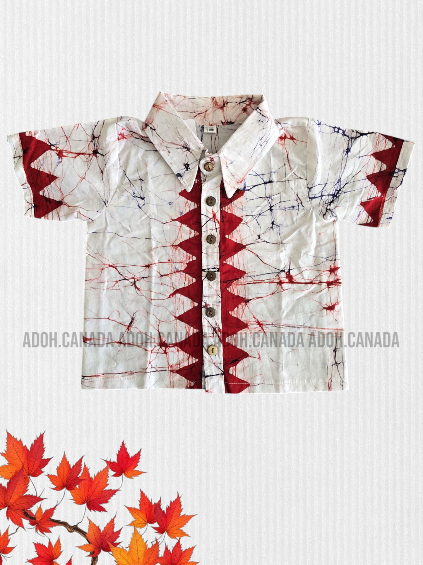 KSH1410- White with red triangle designed Shirt & Sarong| Ceylon Batik | Hand Made | Kids Collection | Kid's Shirt |Cotton Shirt and Sarong| Summer Wear | Cultural