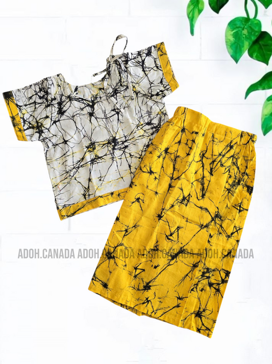 KSA1365- White/yellow with Black cracks Cotton Shirt & Sarong| Ceylon Batik | Hand Made | Kids Collection | Kid's Shirt |Cotton Shirt and Sarong| Summer Wear | Cultural