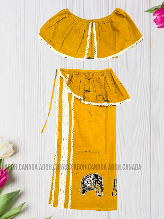 KG0982 - Mustard yellow with black elephant designed Lama Saree ( Kids Redda Hatte)| Ceylon Batik | Hand Made | Kids Collection | Summer Collection | Cotton Lama Saree | Kids Redda Hatte | Casual wear