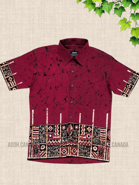 SH1356 -Dark Red with black designed Batik Shirt | Ceylon Batik | Hand Made | Men's Collection | Cotton Shirt | Summer Wear