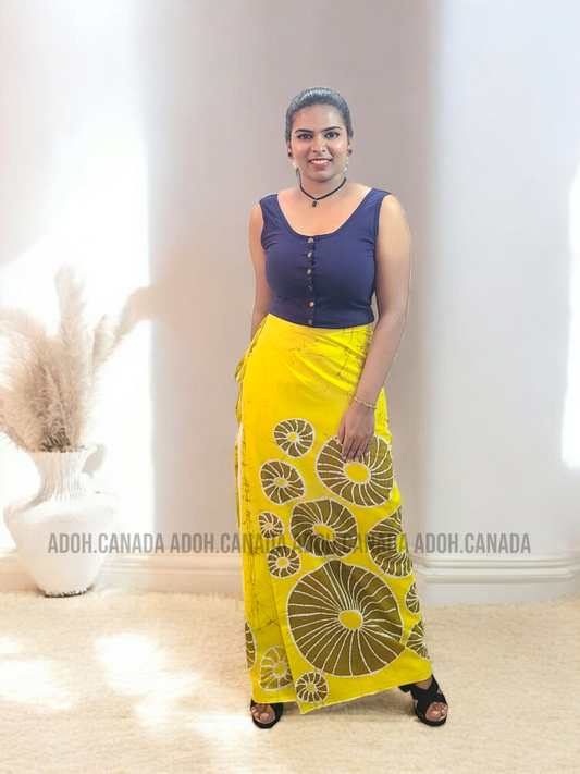 LU1326 - Yellow with round designed Batik Lungi Skirt |Ceylon Batik | Hand Made | Summer Collection | Cotton Batik Lungi | Traditional Collection