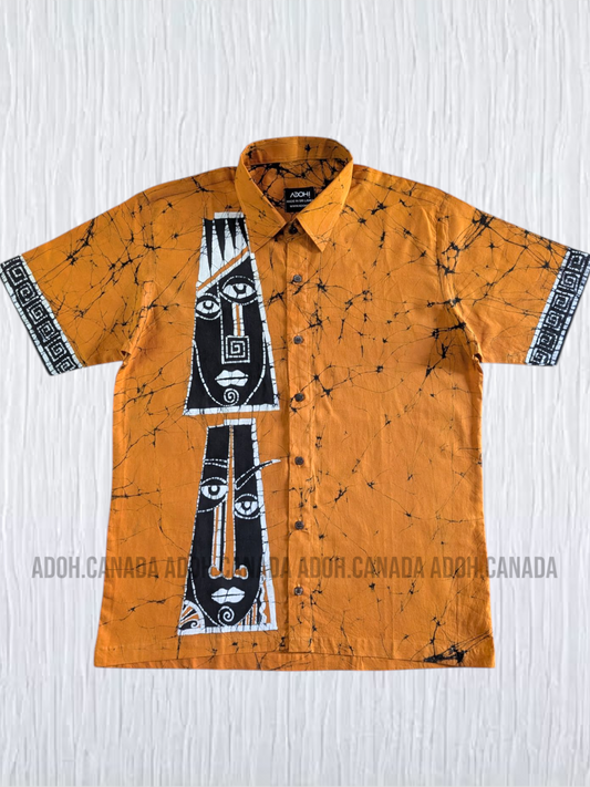 SH1116 - Mustard yellow with black face designed Batik Shirt | Ceylon Batik | Hand Made | Men's Collection | Cotton Shirt | Summer Wear