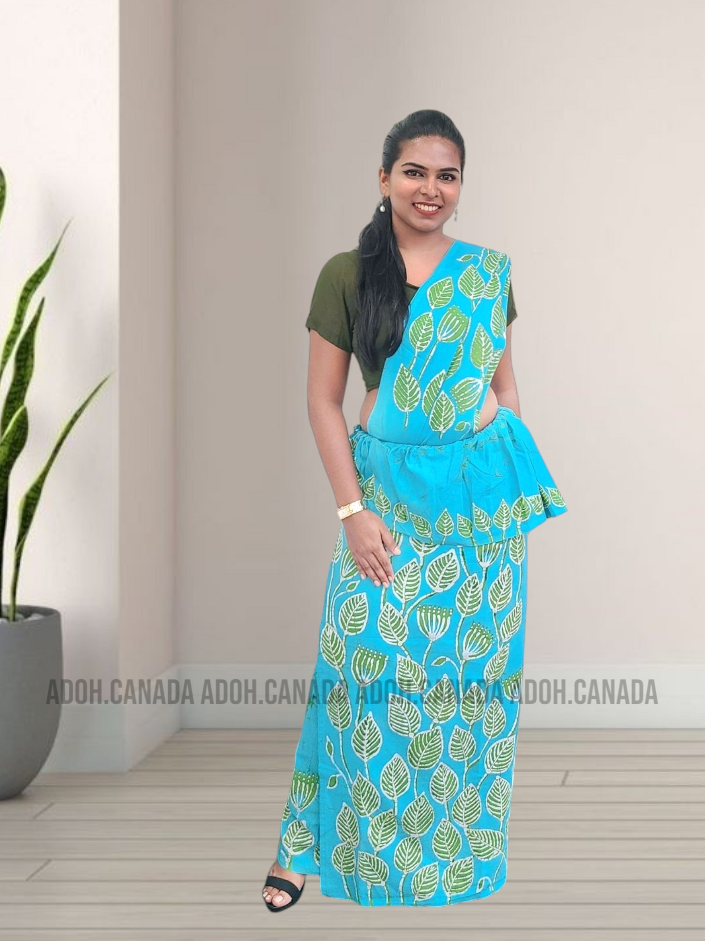 MU1349|Blue with green leaves and designed Kandyan Made-up|Ceylon Batik| Cotton Kandyan Made-up Saree| Exclusive Designer Wear | Kandyan Made-up