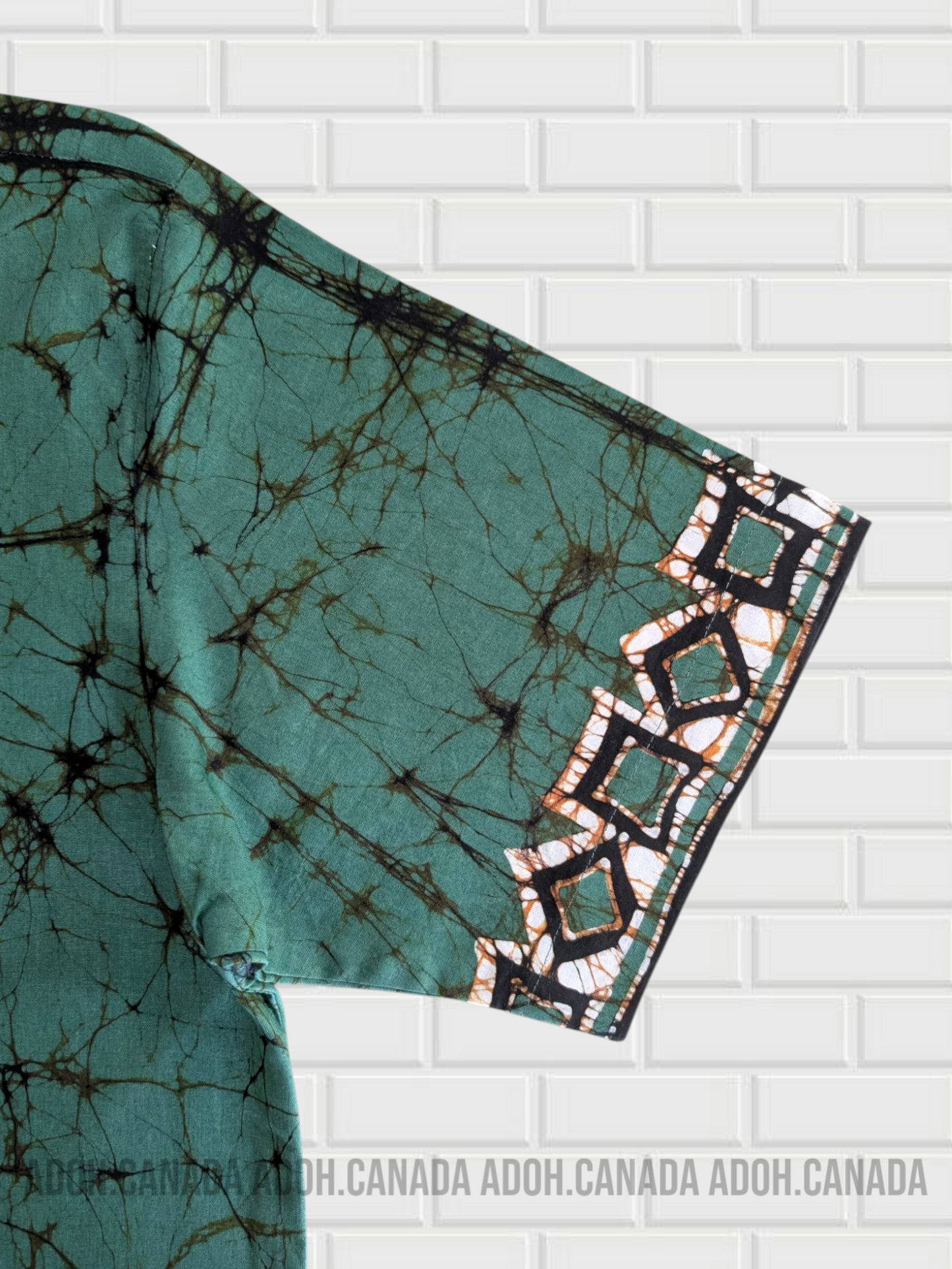 SH1154 - Green shirt with Black and off-white designed Batik Shirt | Ceylon Batik | Hand Made | Men's Collection | Cotton Shirt | Summer Wear