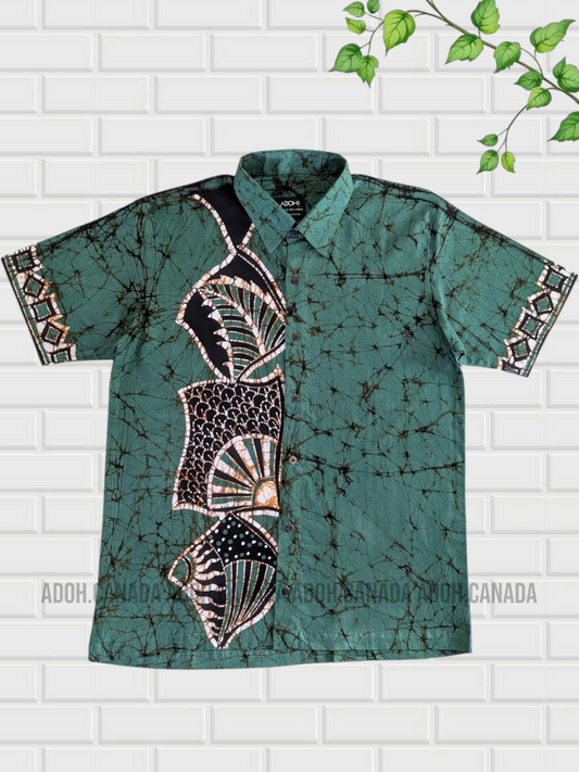 SH1154 - Green shirt with Black and off-white designed Batik Shirt | Ceylon Batik | Hand Made | Men's Collection | Cotton Shirt | Summer Wear