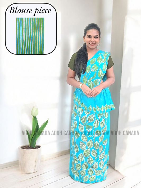 MU1349|Blue with green leaves and designed Kandyan Made-up|Ceylon Batik| Cotton Kandyan Made-up Saree| Exclusive Designer Wear | Kandyan Made-up