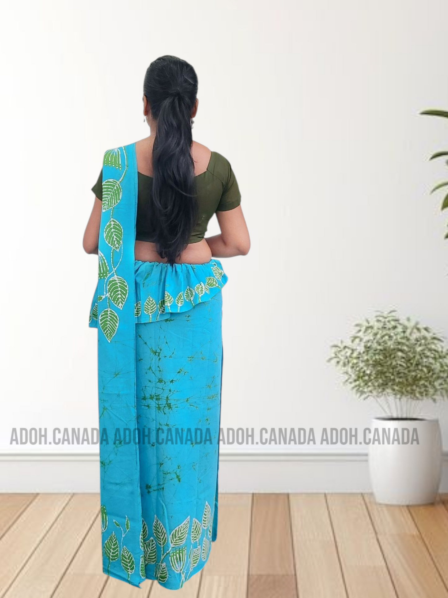 MU1349|Blue with green leaves and designed Kandyan Made-up|Ceylon Batik| Cotton Kandyan Made-up Saree| Exclusive Designer Wear | Kandyan Made-up