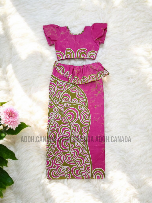 KG1306 - Pink colur with greenish designed Lama Saree ( Kids Redda Hatte)| Ceylon Batik | Hand Made | Kids Collection | Summer Collection | Cotton Lama Saree | Kids Redda Hatte | Casual wear