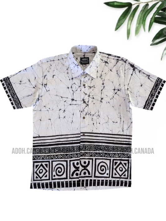 SH1358 - White Batik shirt with Black designed| Ceylon Batik | Hand Made | Men's Collection | Cotton Shirt | Summer Wear