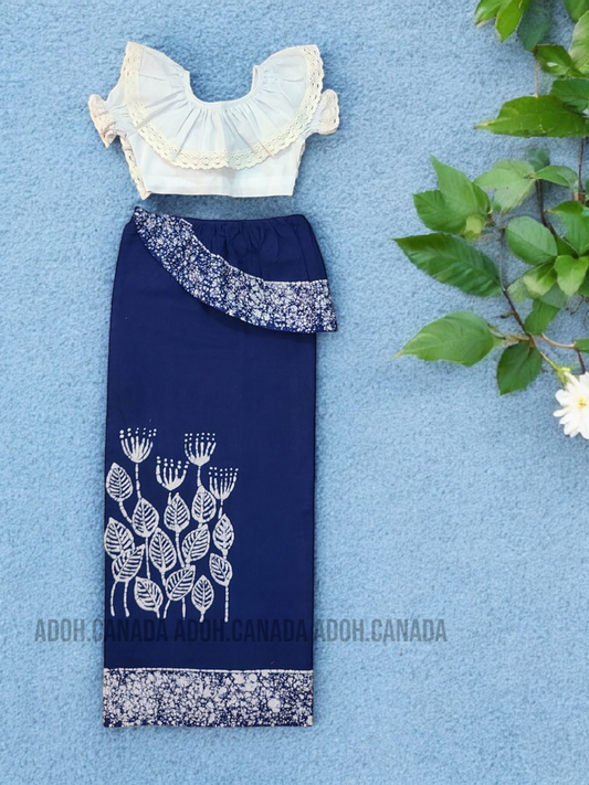 KG0015 - Blue color with white floral designed Lama Saree ( Kids Redda Hatte)| Ceylon Batik | Hand Made | Kids Collection | Summer Collection | Cotton Lama Saree | Kids Redda Hatte | Casual wear