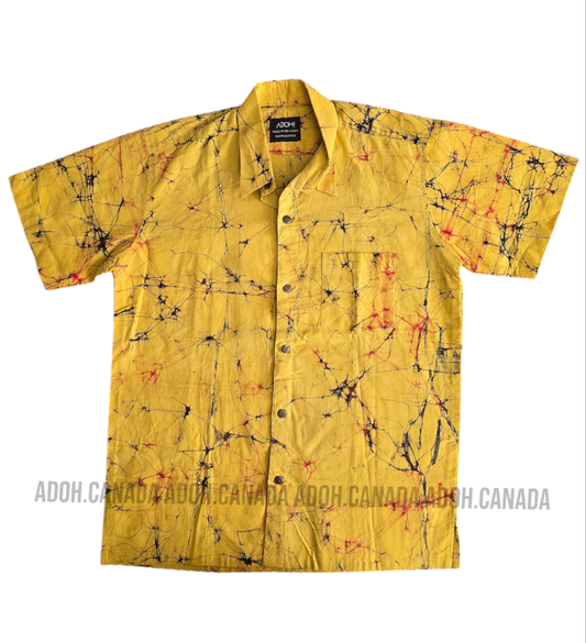 SH904 - Yellow Batik shirt with black and red cracks | Ceylon Batik | Hand Made | Men's Collection | Cotton Shirt | Summer Wear