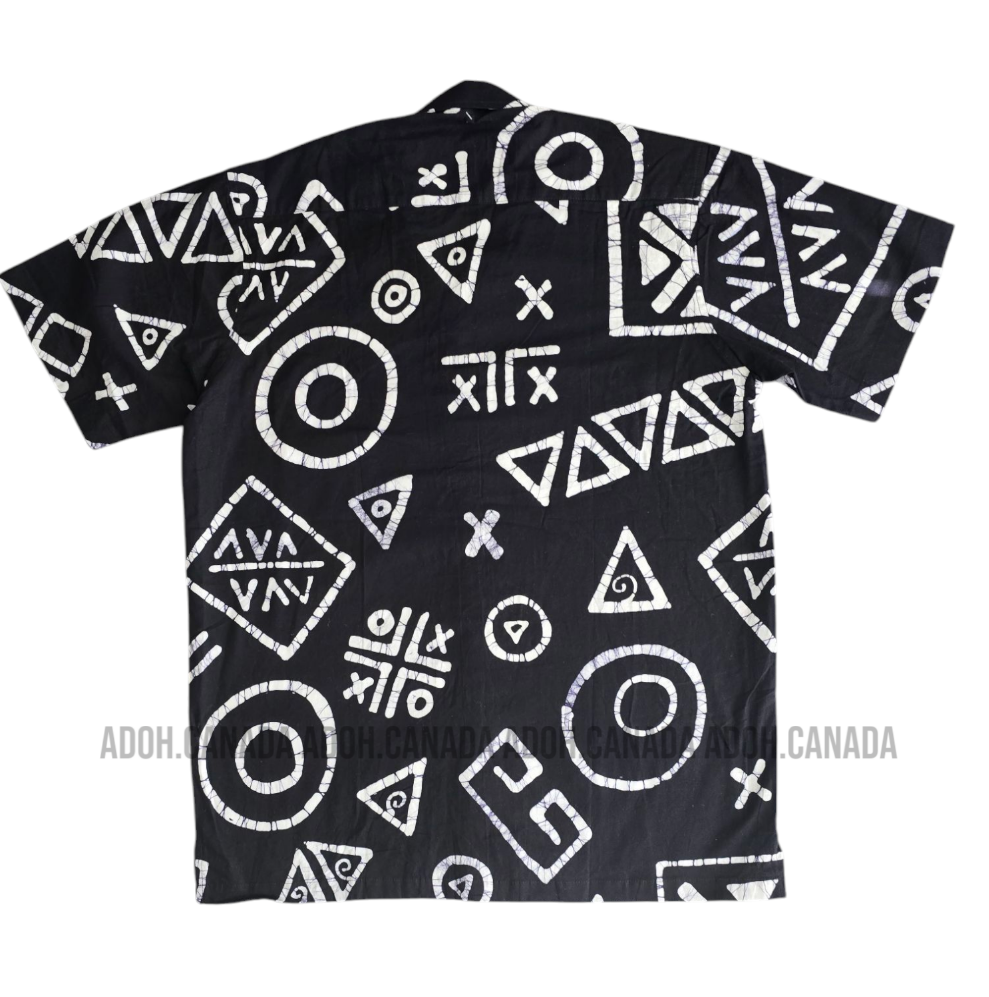 SH1268 - Black Batik shirt with white design | Ceylon Batik | Hand Made | Men's Collection | Cotton Shirt | Summer Wear