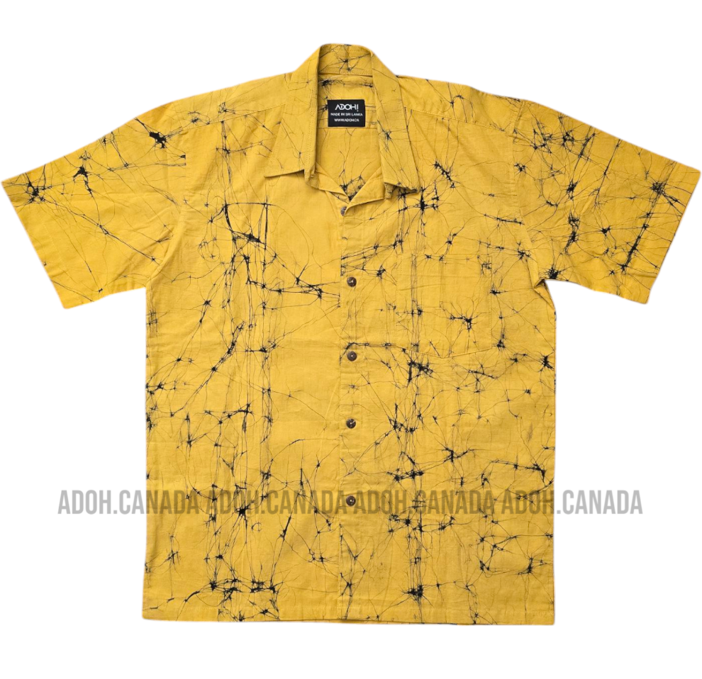 SH906 - Yellow Batik shirt with Black Cracks design | Ceylon Batik | Hand Made | Men's Collection | Cotton Shirt | Summer Wear