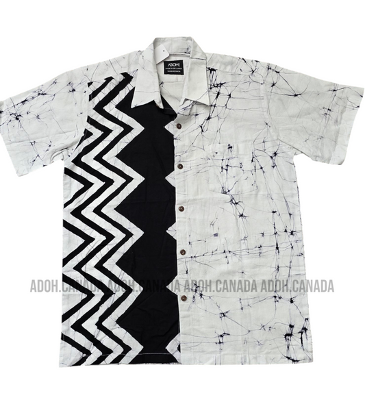 SH1269 - White Batik shirt with Black and white zig zag designed | Ceylon Batik | Hand Made | Men's Collection | Cotton Shirt | Summer Wear
