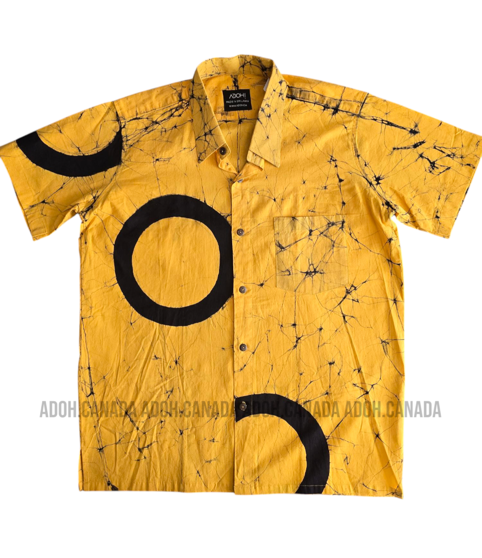 SH905 - Yellow Batik shirt with Black circle design | Ceylon Batik | Hand Made | Men's Collection | Cotton Shirt | Summer Wear