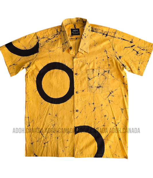 SH905 - Yellow Batik shirt with Black circle design | Ceylon Batik | Hand Made | Men's Collection | Cotton Shirt | Summer Wear
