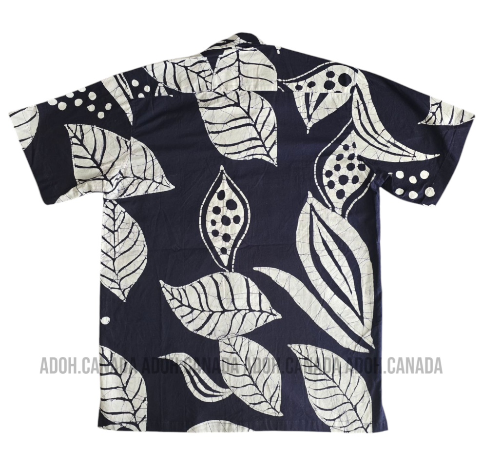 SH1267 - Dark Blue Batik shirt with white leafy design | Ceylon Batik | Hand Made | Men's Collection | Cotton Shirt | Summer Wear
