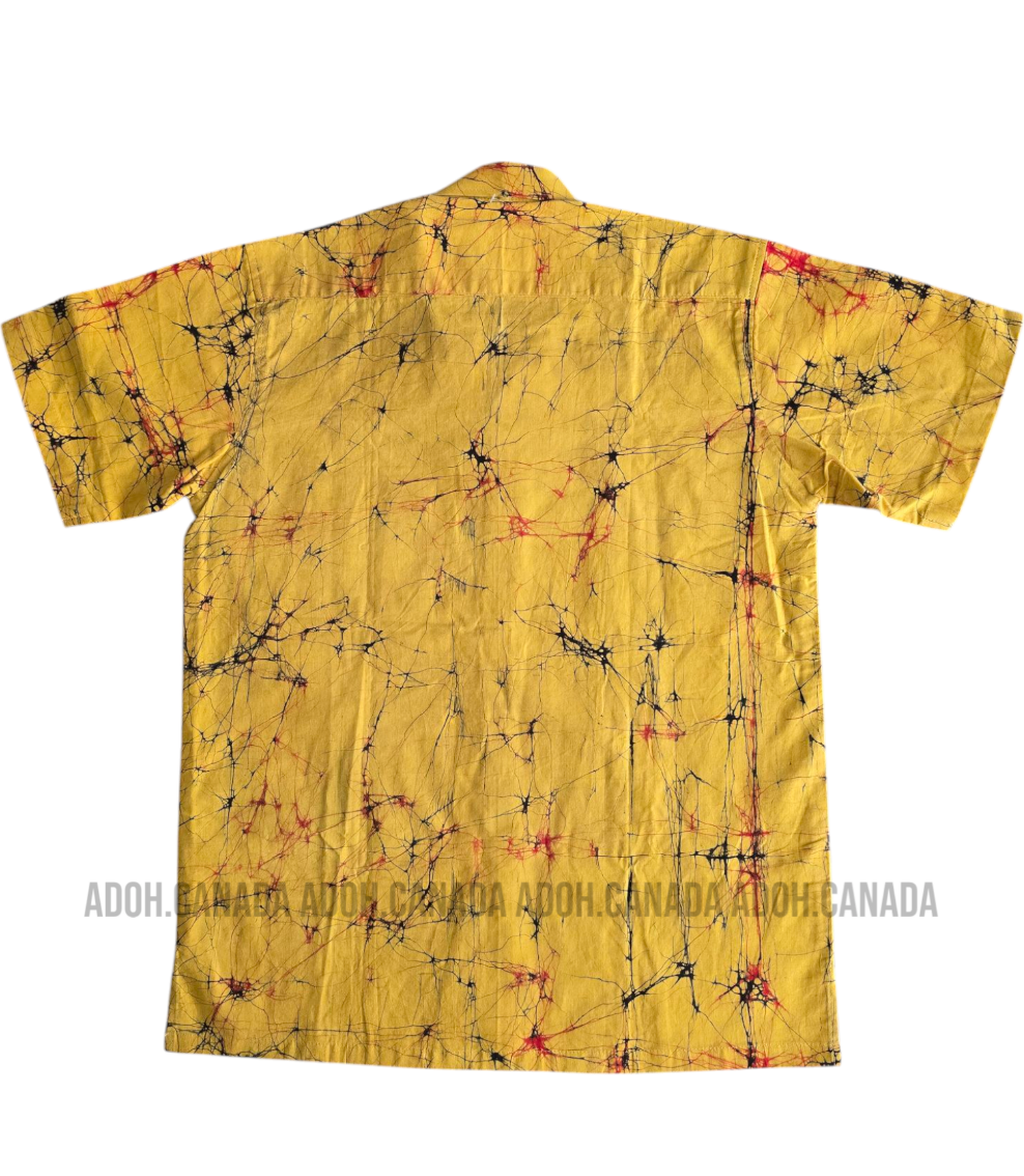 SH904 - Yellow Batik shirt with black and red cracks | Ceylon Batik | Hand Made | Men's Collection | Cotton Shirt | Summer Wear