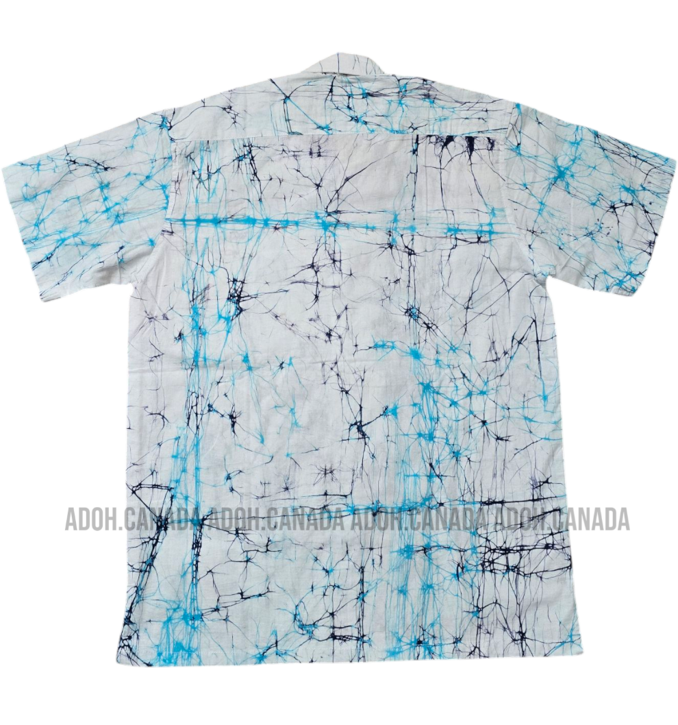 SH901 - White Sun Moon Batik shirt with light blue and dark blue Cracks design | Ceylon Batik | Hand Made | Men's Collection | Cotton Shirt | Summer Wear
