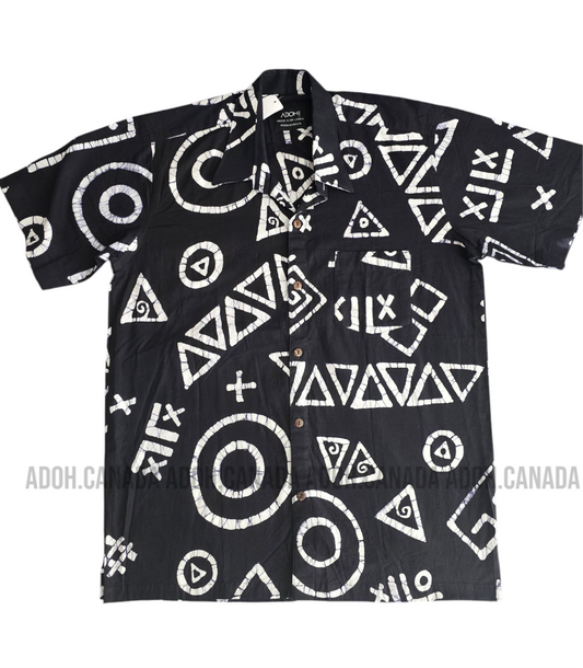 SH1268 - Black Batik shirt with white design | Ceylon Batik | Hand Made | Men's Collection | Cotton Shirt | Summer Wear