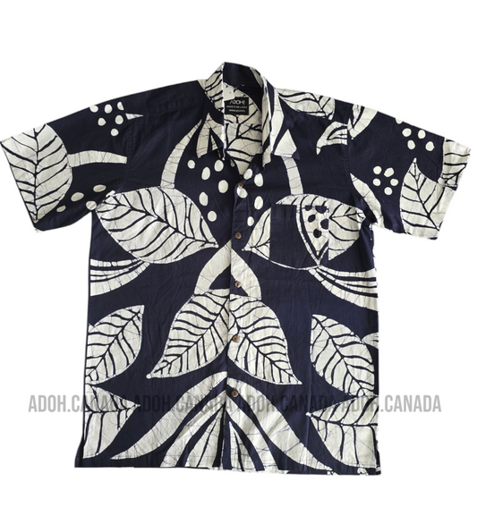 SH1267 - Dark Blue Batik shirt with white leafy design | Ceylon Batik | Hand Made | Men's Collection | Cotton Shirt | Summer Wear