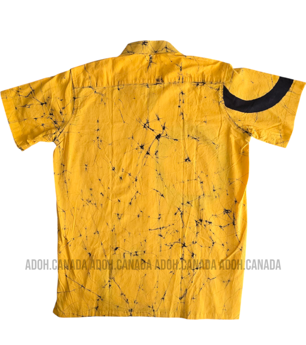 SH905 - Yellow Batik shirt with Black circle design | Ceylon Batik | Hand Made | Men's Collection | Cotton Shirt | Summer Wear