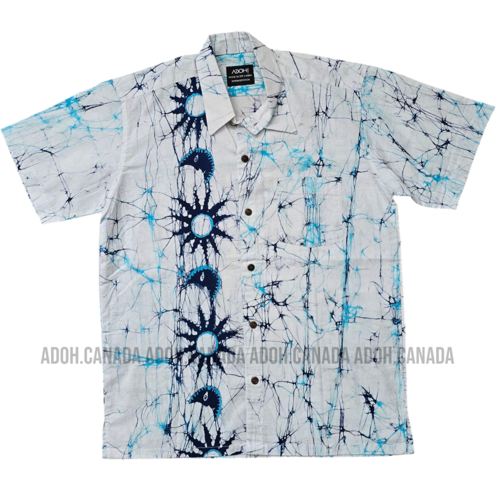 SH901 - White Sun Moon Batik shirt with light blue and dark blue Cracks design | Ceylon Batik | Hand Made | Men's Collection | Cotton Shirt | Summer Wear