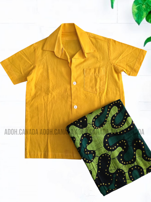 KSH0283/192 - Yellow Shirt with Green designed Batik Sarong Kit | Ceylon Batik | Hand Made | Kids Collection | Kid's Shirt |Kid's Sarong|Cotton Shirt | Summer Wear