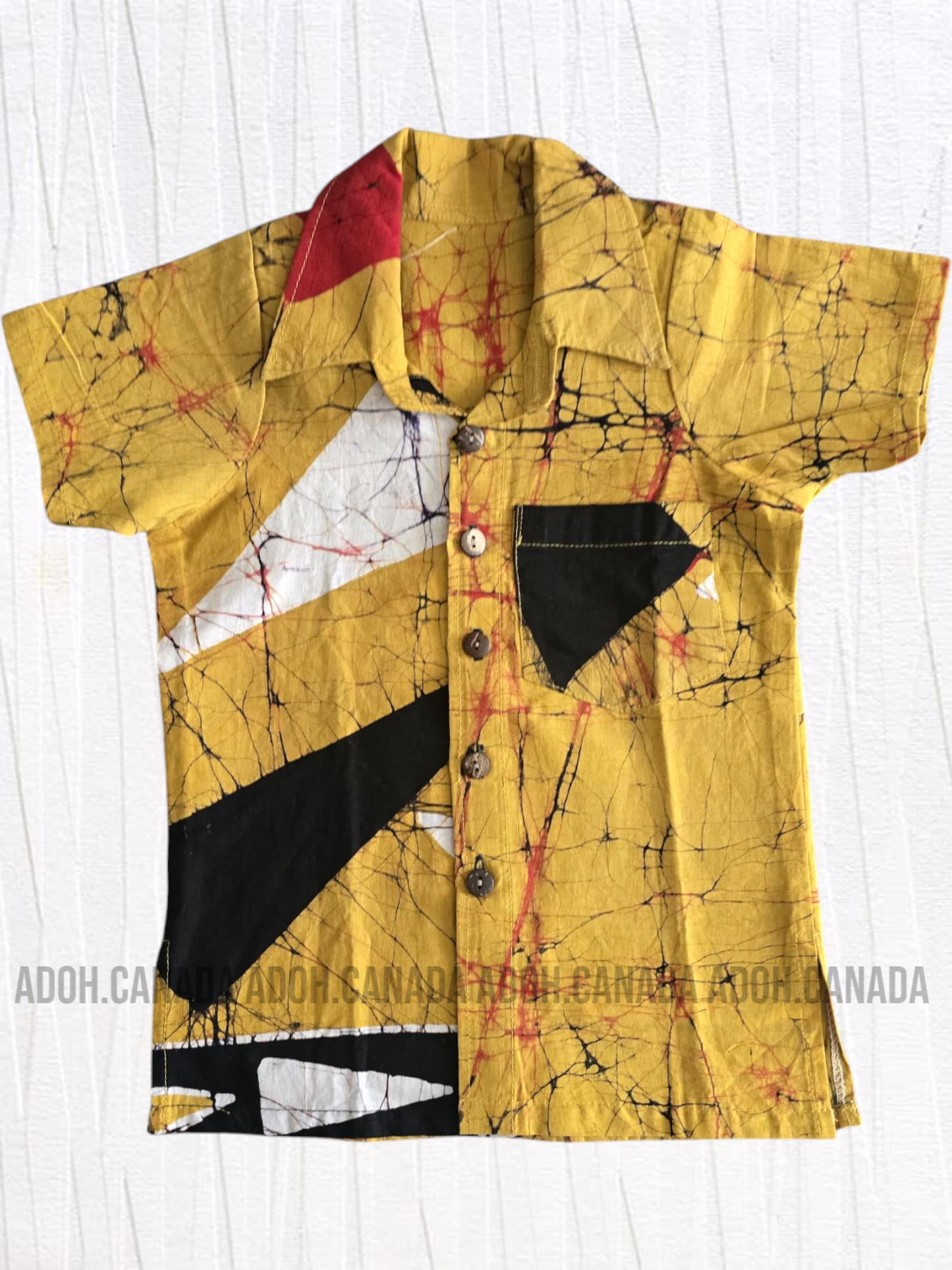 KSH0281 - Mustard yellow with black and red cracks designed Batik Shirt | Ceylon Batik | Hand Made | Kids Collection | Kid's Shirt |Cotton Shirt | Summer Wear