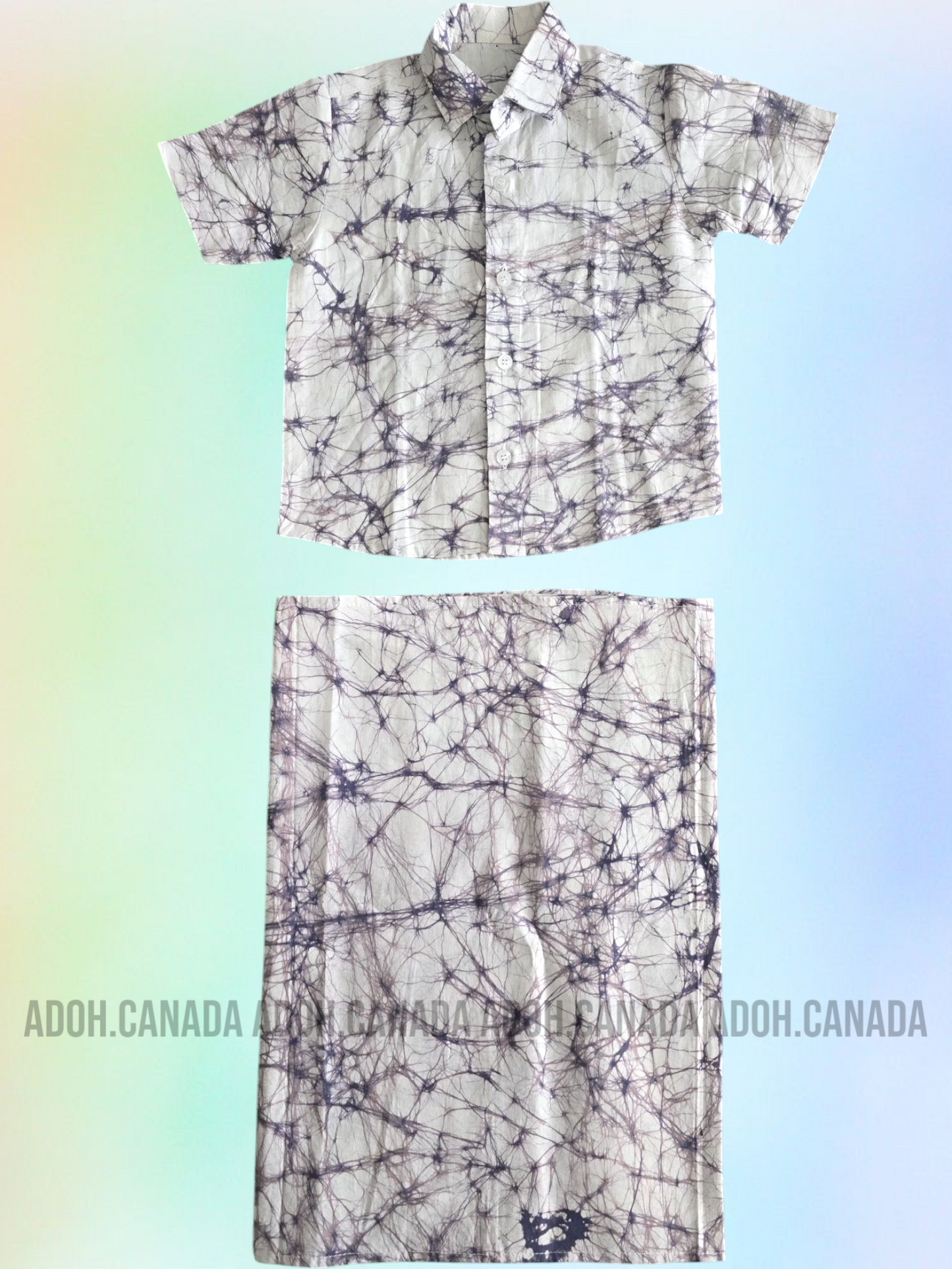 KSH0392/3 - White with grey cracks designed Batik Shirt & Sarong | Ceylon Batik | Hand Made | Kids Collection | Kid's Shirt |Cotton Shirt | Summer Wear