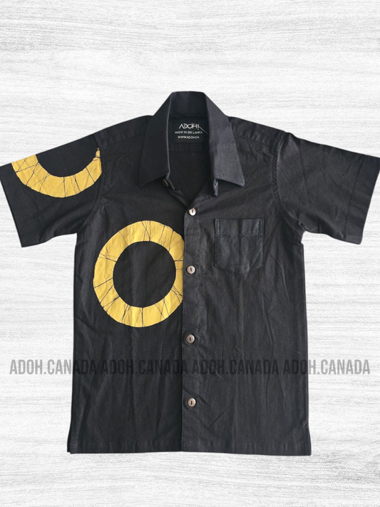 KSH0698 - Black with yellow circle designed Batik Shirt | Ceylon Batik | Hand Made | Kids Collection | Kid's Shirt |Cotton Shirt | Summer Wear