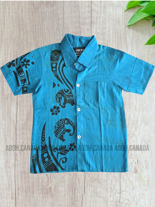 KSH0892 - Blue with elephant designed Batik Shirt | Ceylon Batik | Hand Made | Kids Collection | Kid's Shirt |Cotton Shirt | Summer Wear